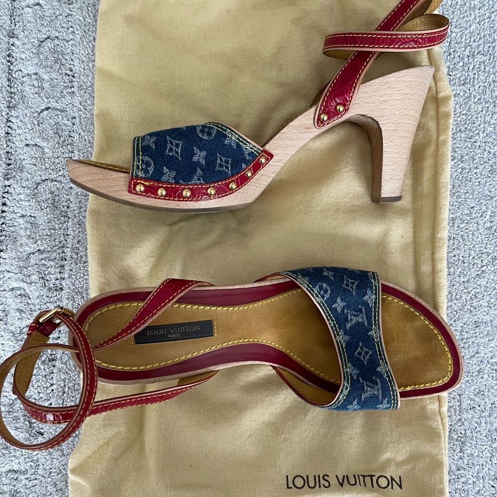Louis Vuitton Multicolor Monogram Denim Ankle Strap Clog Sandals ~Authentic~